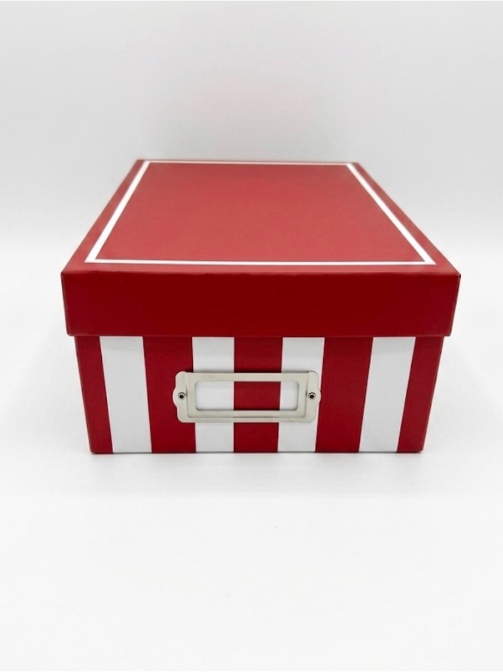Red and White Striped Storage Box with Label Holder